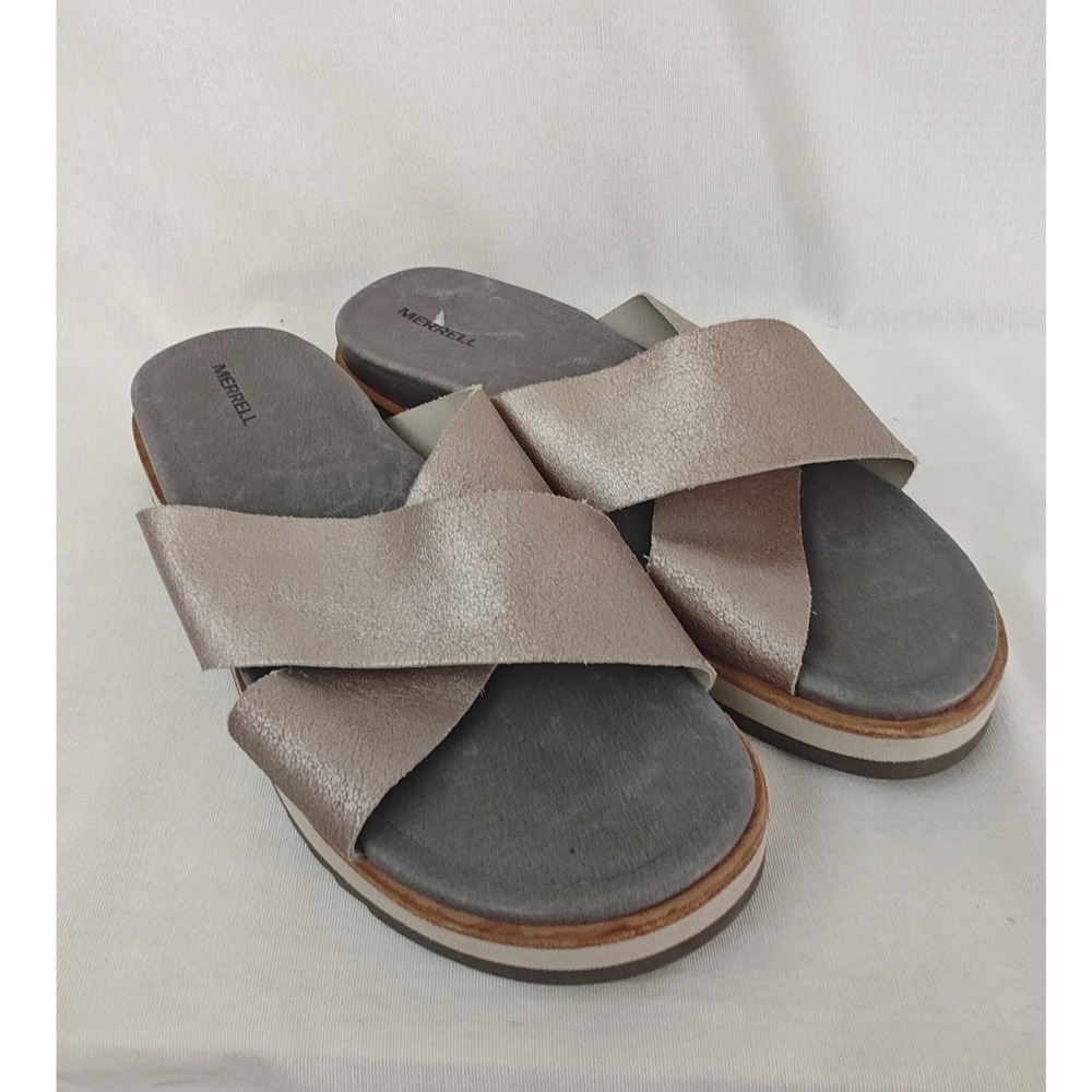 Merrell Juno‎ Slide Sandals Metallic Rose Gold Leather Crisscross Straps Size 10